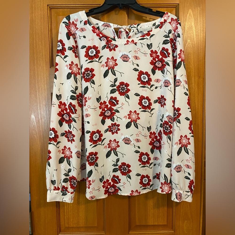 LOFT White Blouse with Red Floral Print